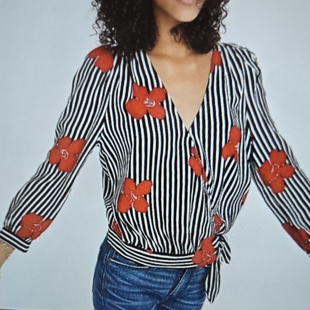 Madewell Black and White Striped Blouse with Red Floral Accents XS